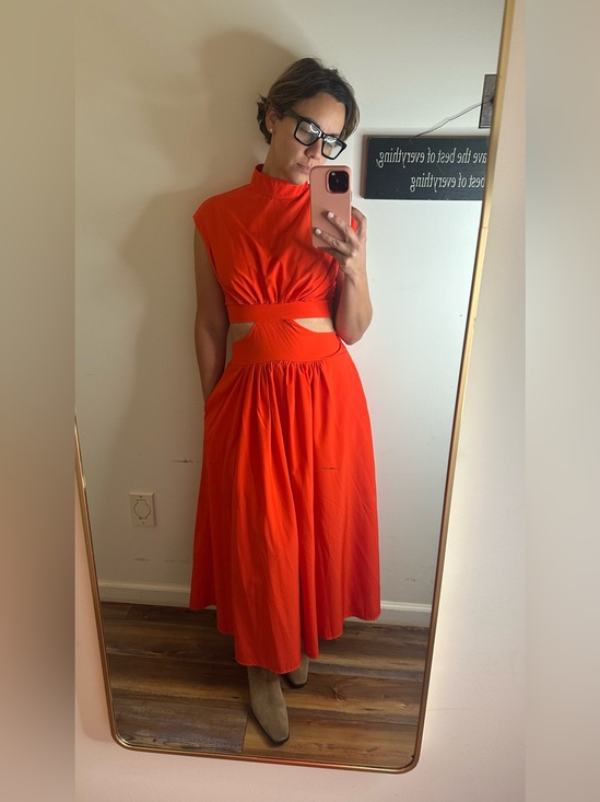 Unknown Dresses & Skirts - Vibrant Orange Red Cutout Midi Dress High Neck Mock Neck Size Small